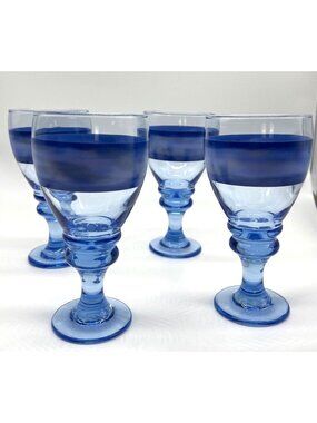 Vintage Set Of 4 Libby Blue Glass Goblets With Frosted Band Design 6.5" Tall
